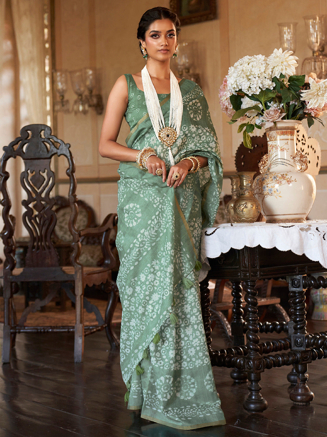 Pista Green Bagru Cotton Saree