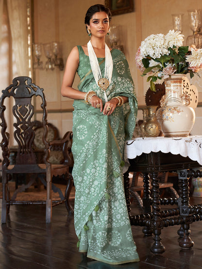 Pista Green Bagru Cotton Saree