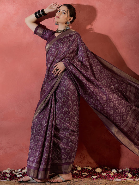 Plum Purple Printed Sungudi Silk Saree