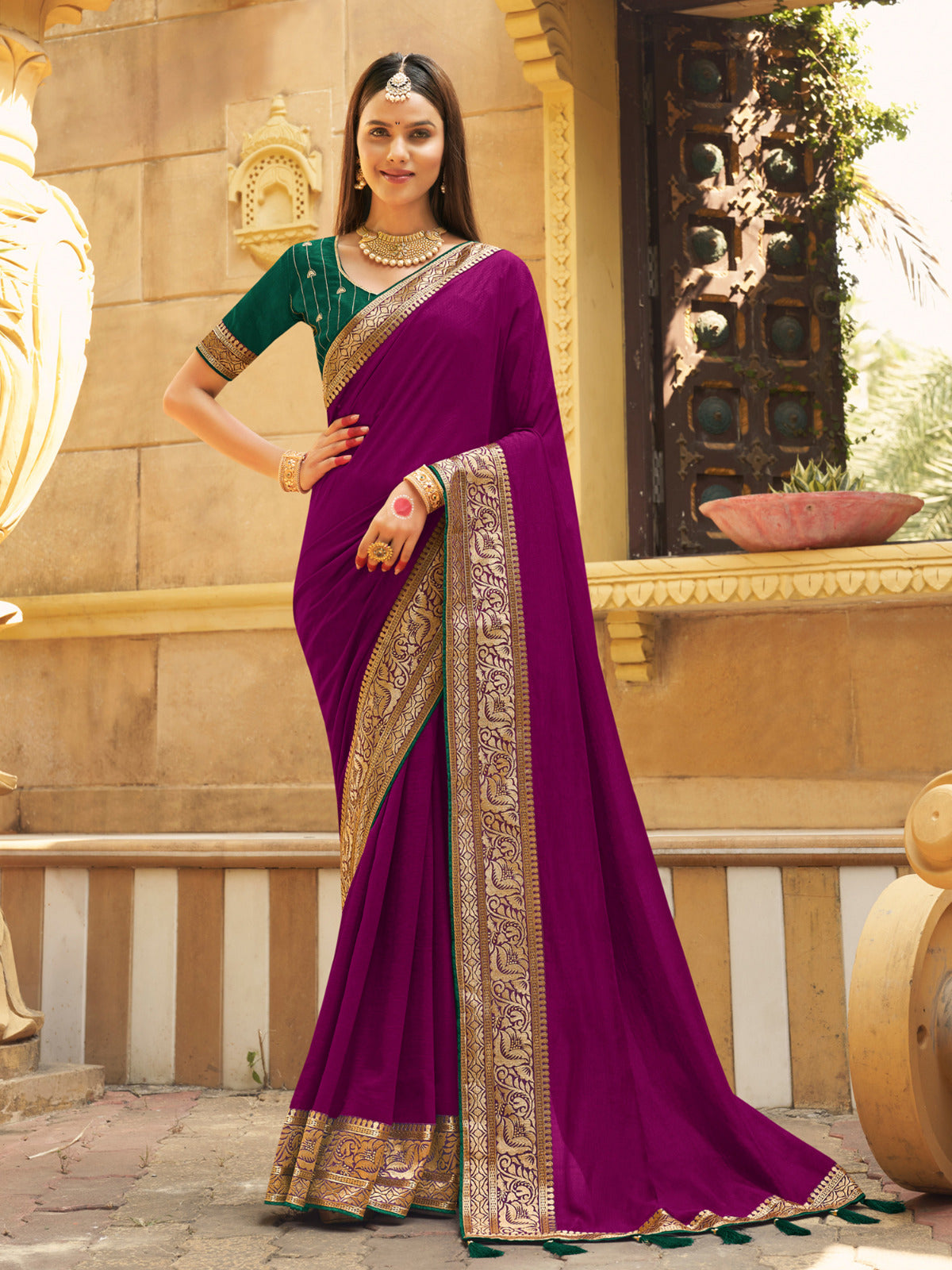 Plum Violet Vichitra Silk Silk Saree