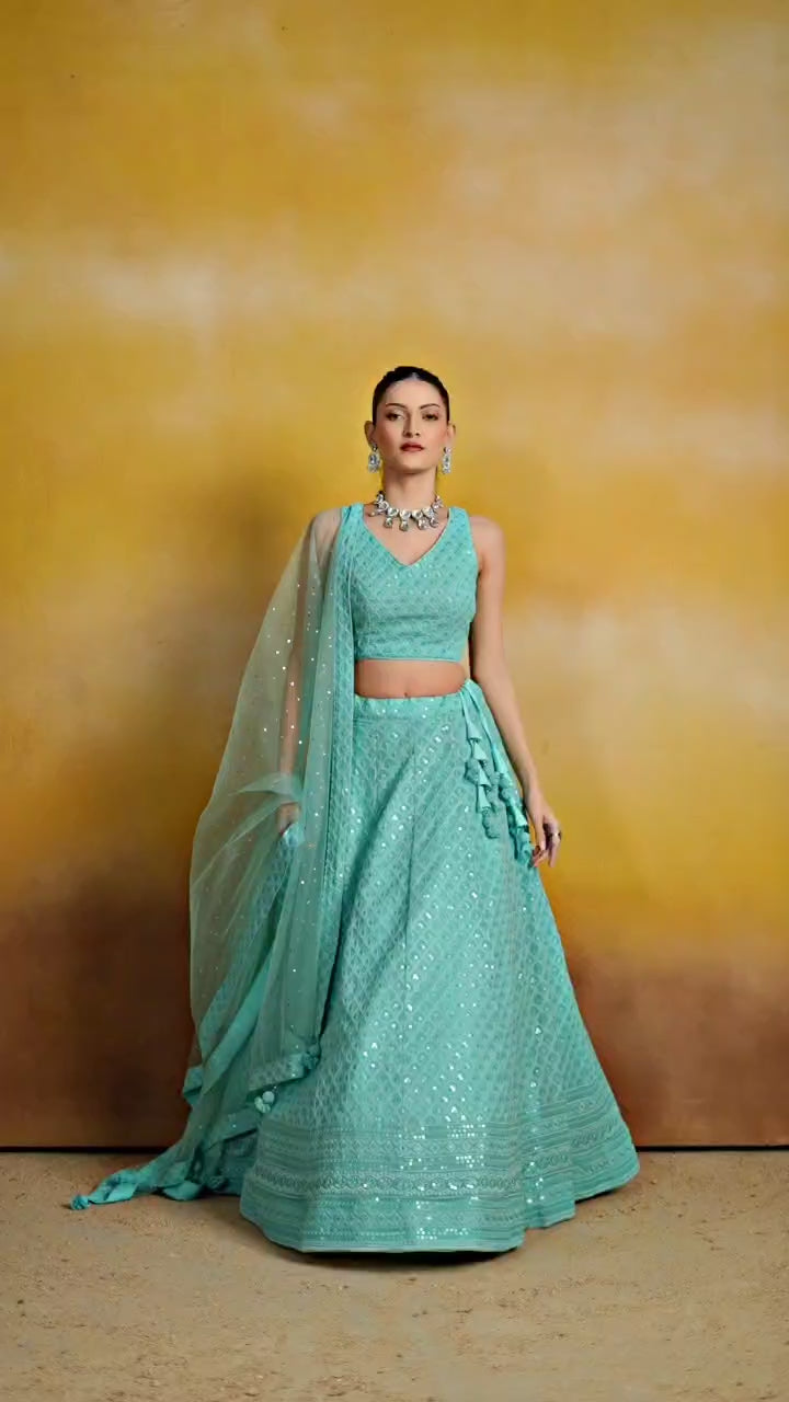 TEAL BLUE GEORGETTE BRIDESMAID LEHENGA CHOLI