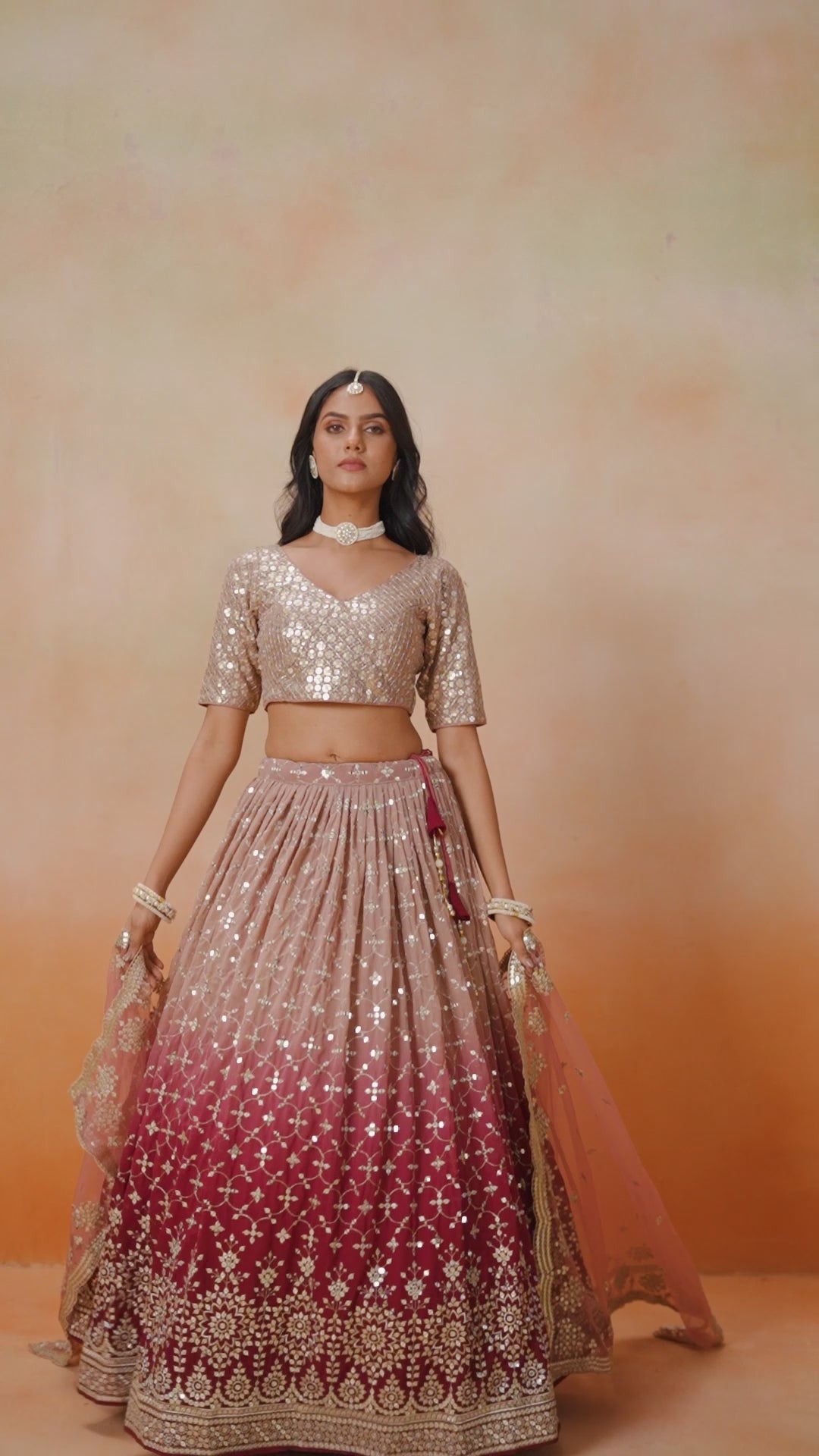 MAROON OMBRE GEORGETTE WEDDING LEHENGA