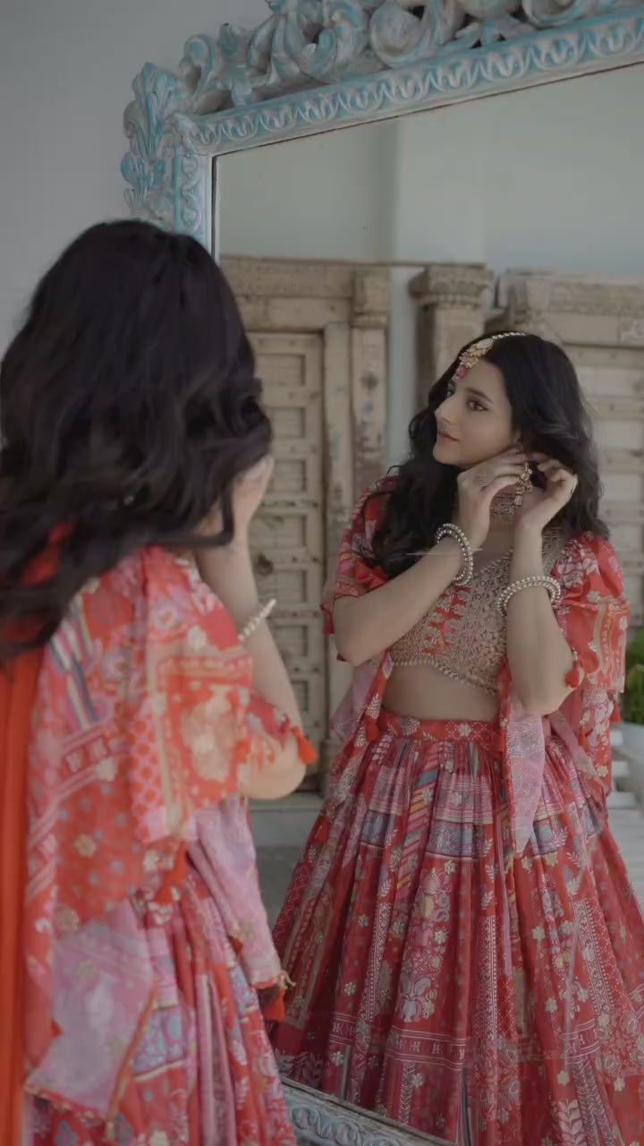 ROSE RED EMBROIDERED SILK LEHENGA CHOLI