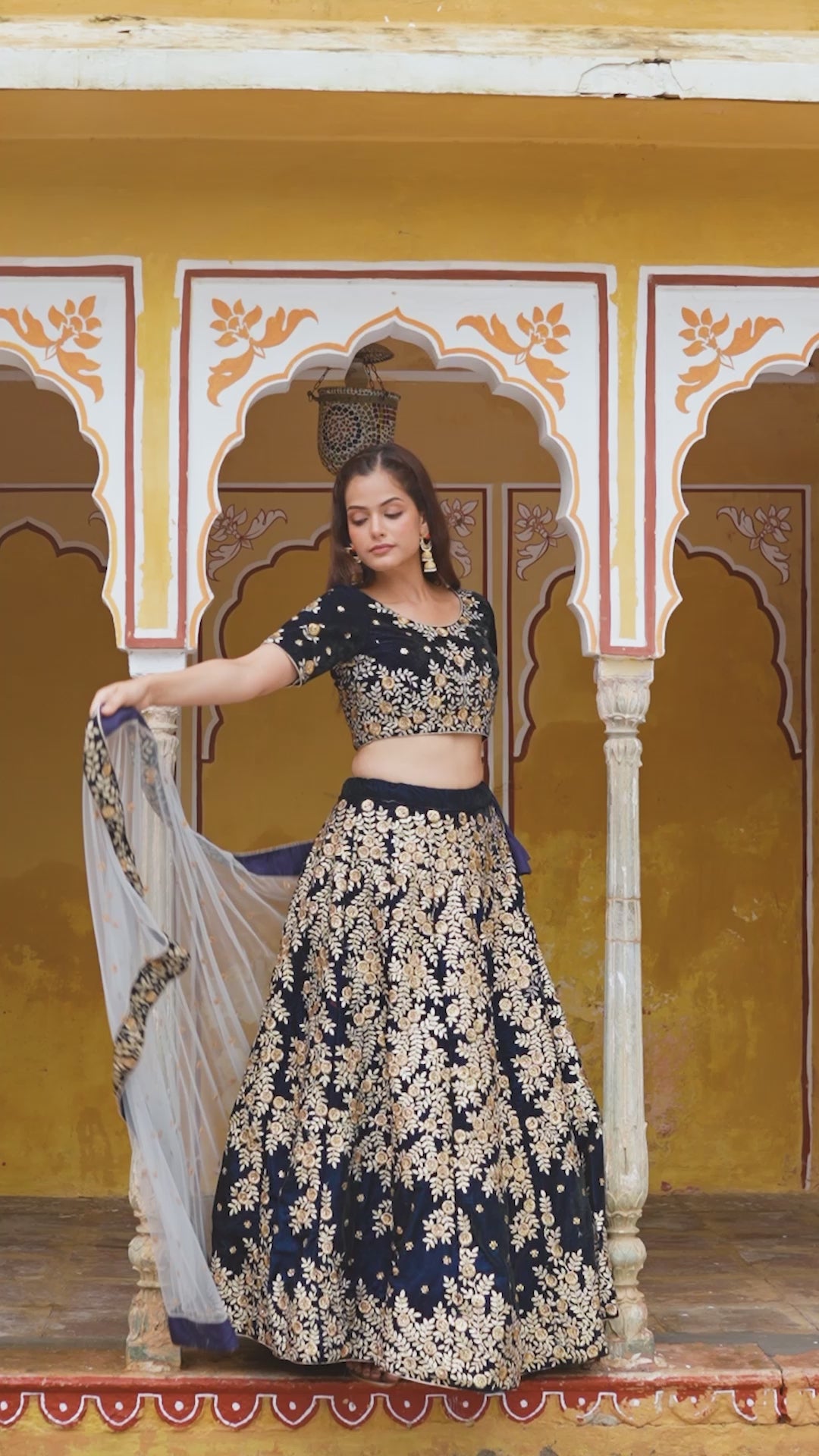 NAVY BLUE VELVET FLORAL LEHENGA CHOLI
