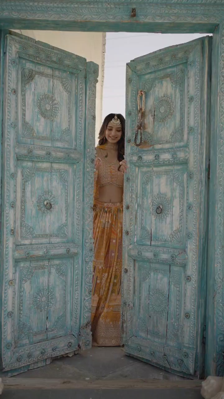 YELLOW MULTICOLOR PRINTED EMBROIDERED LEHENGA CHOLI