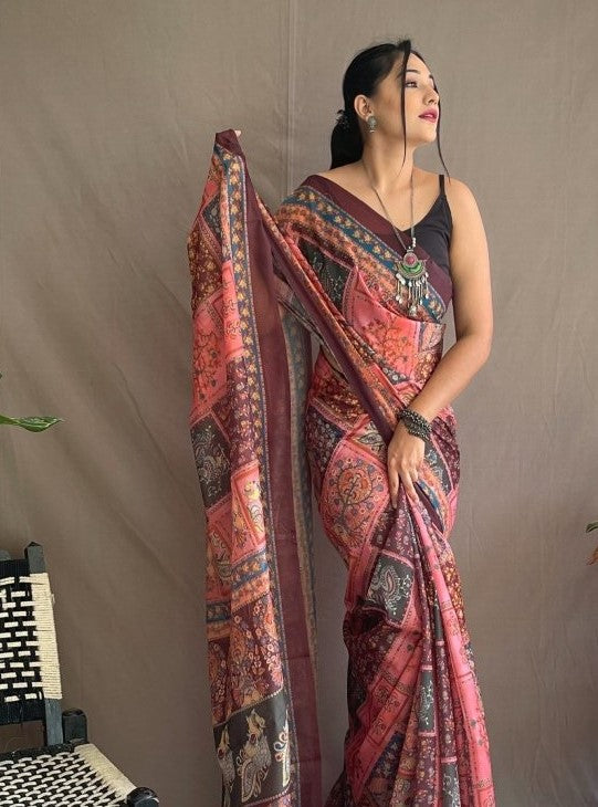 Punch Pink Printed Cotton Linen Saree