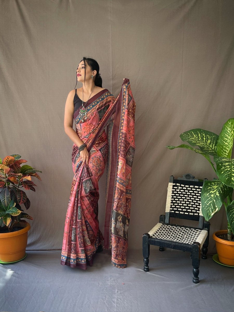 Punch Pink Printed Cotton Linen Saree