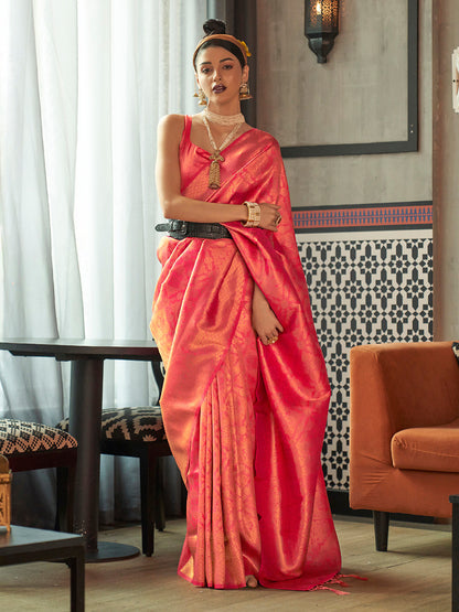 Punch Pink Woven Royal Kanjivaram Silk Saree