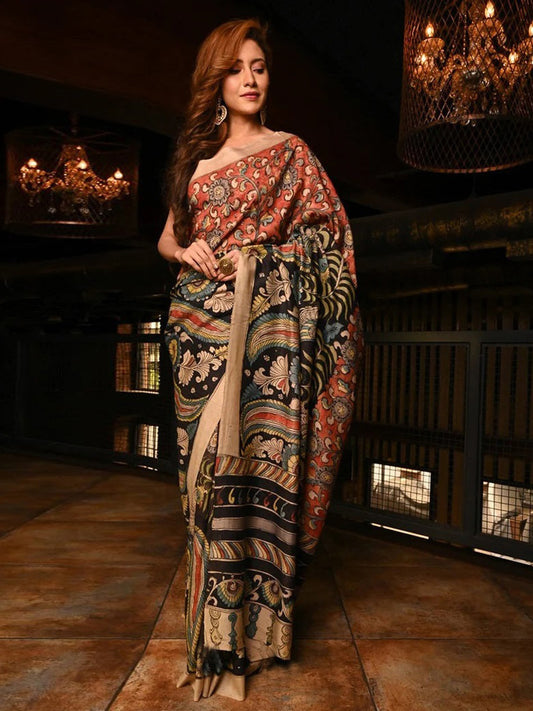 Red & Black Printed Cotton Linen Saree