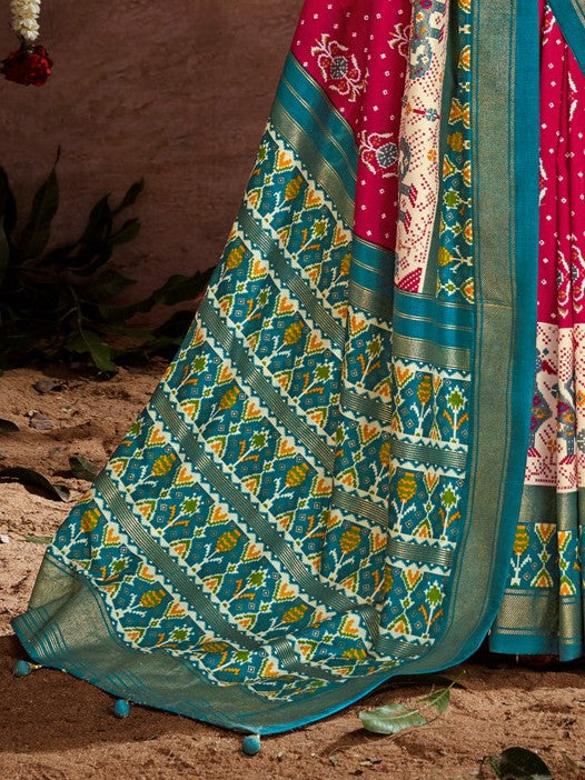 Red & Green Printed Tussar Silk Ikat Saree