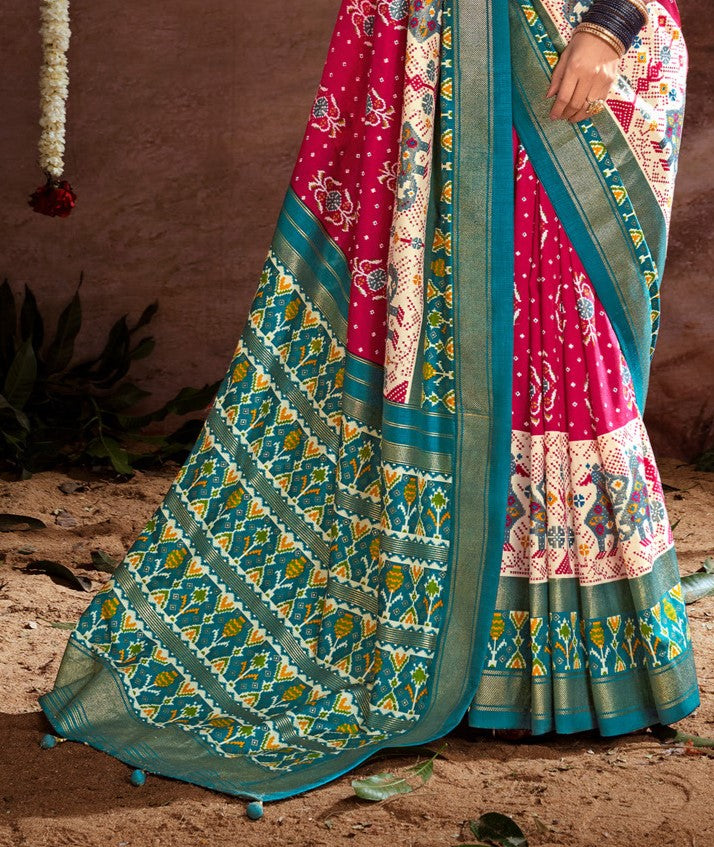 Red & Green Printed Tussar Silk Ikat Saree