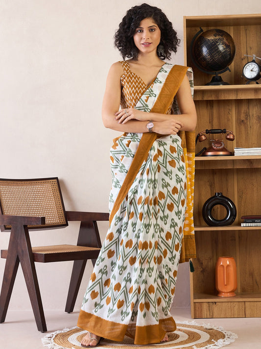 Rice White Printed Cotton Ikat Saree