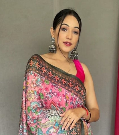 Rose Pink Printed Cotton Linen Saree