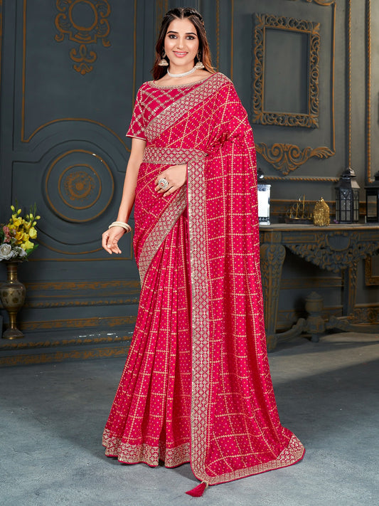 Rose Red Bandhani Silk Saree