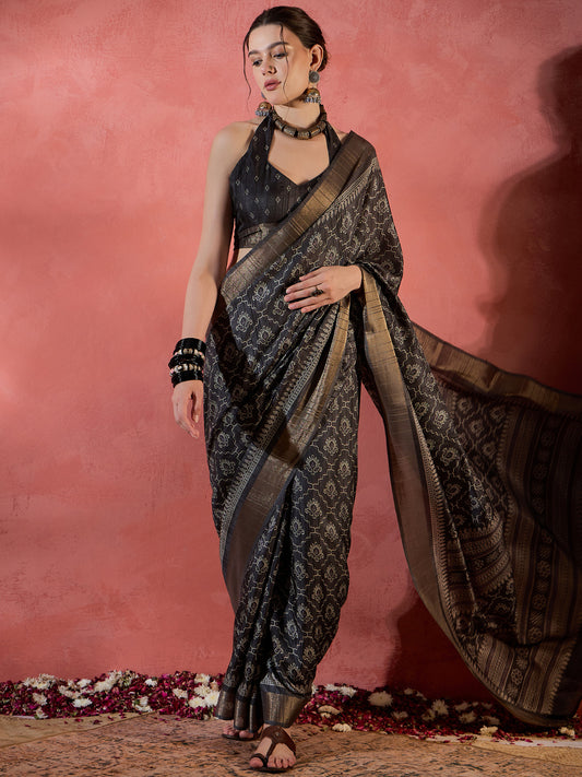 Sable Black Printed Sungudi Silk Saree