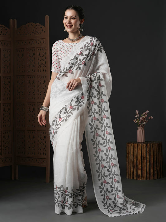 Salt White Printed cotton Saree