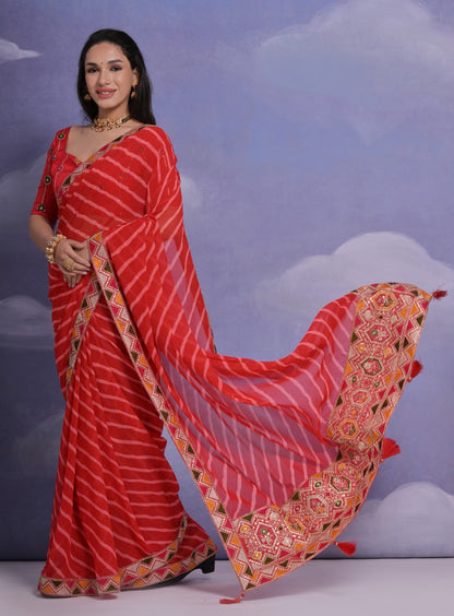 Scarlet Red Leheriya Georgette Saree