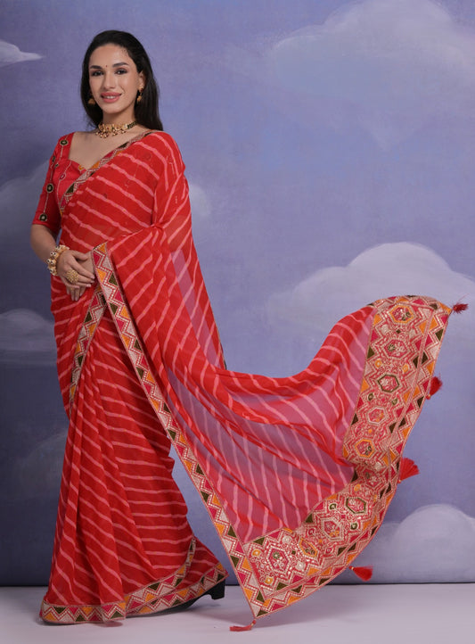 Scarlet Red Leheriya Georgette Saree