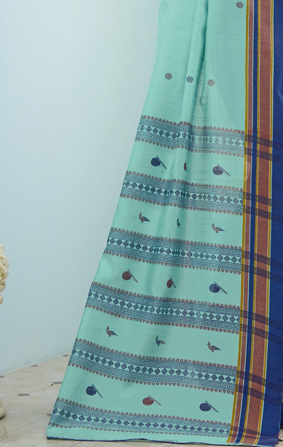 Sea Blue Printed Bhagalpuri Silk Saree