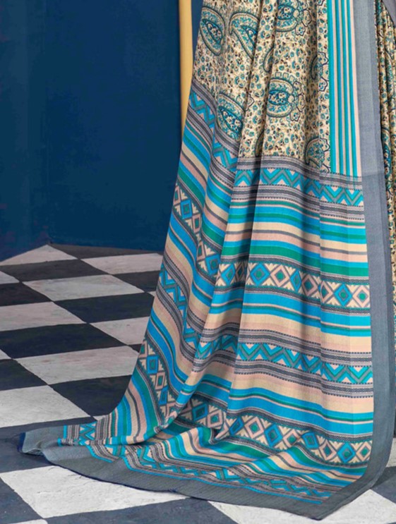 Sea Blue Dabu Pashmina Silk Saree