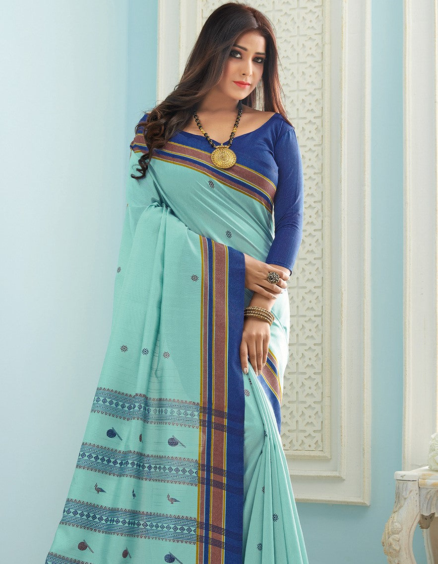 Sea Blue Printed Bhagalpuri Silk Saree