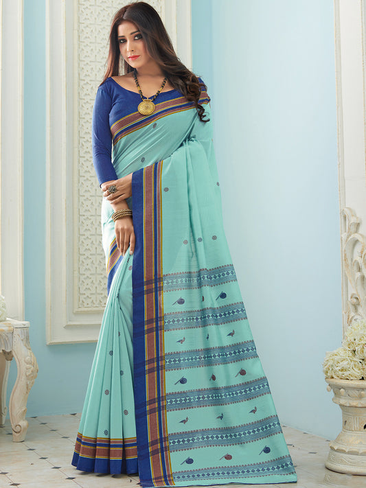 Sea Blue Printed Bhagalpuri Silk Saree