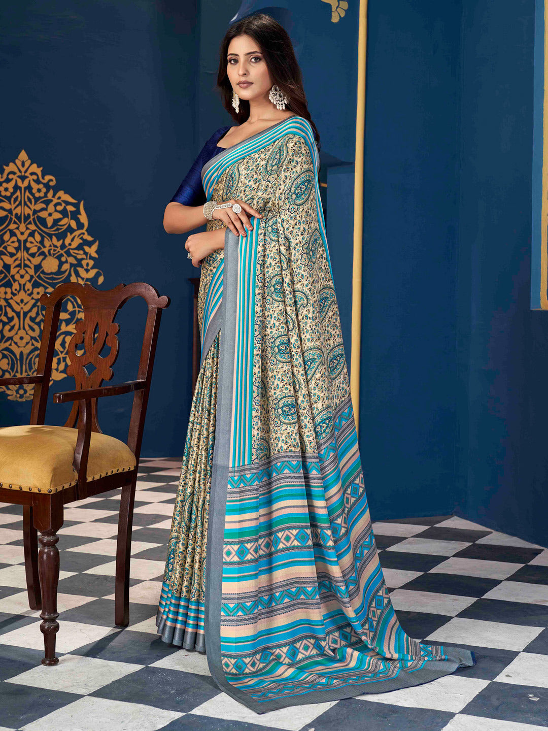 Sea Blue Dabu Pashmina Silk Saree
