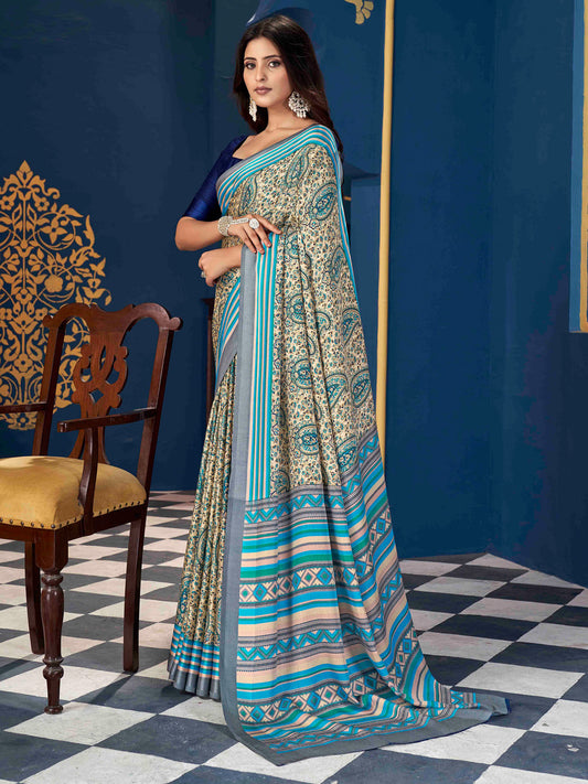 Sea Blue Dabu Pashmina Silk Saree