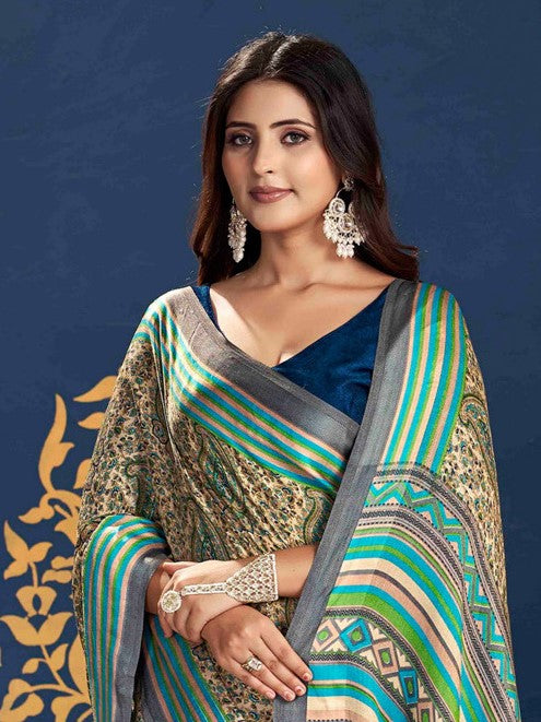 Sea Green Dabu Pashmina Silk Saree