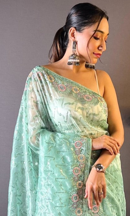Sea Green Tissue Silk Saree