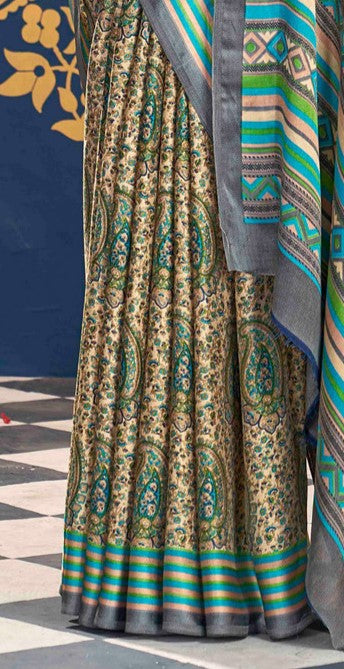 Sea Green Dabu Pashmina Silk Saree