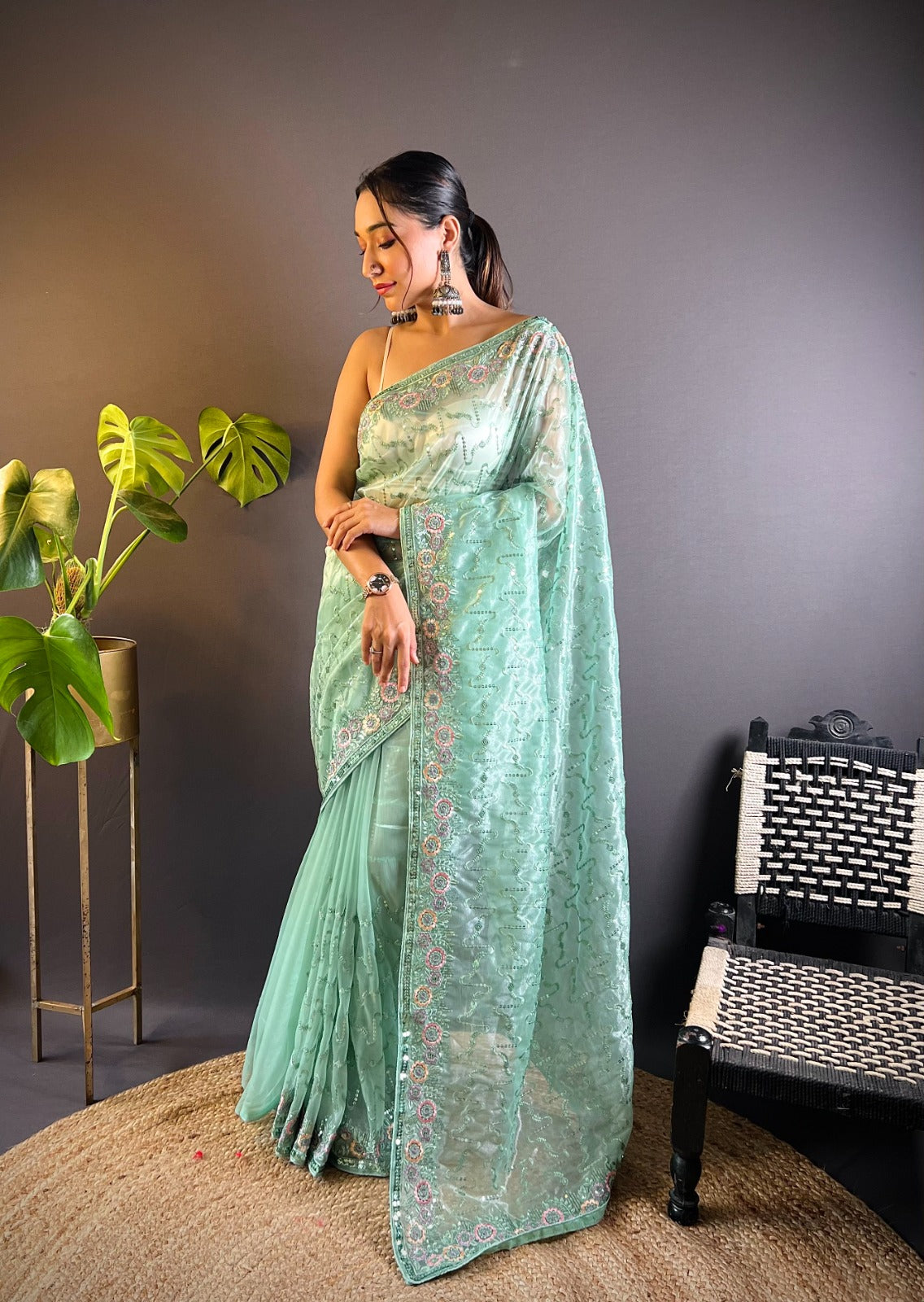 Sea Green Tissue Silk Saree