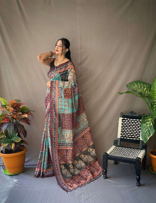 Sky Blue & Maroon Printed Cotton Linen Saree