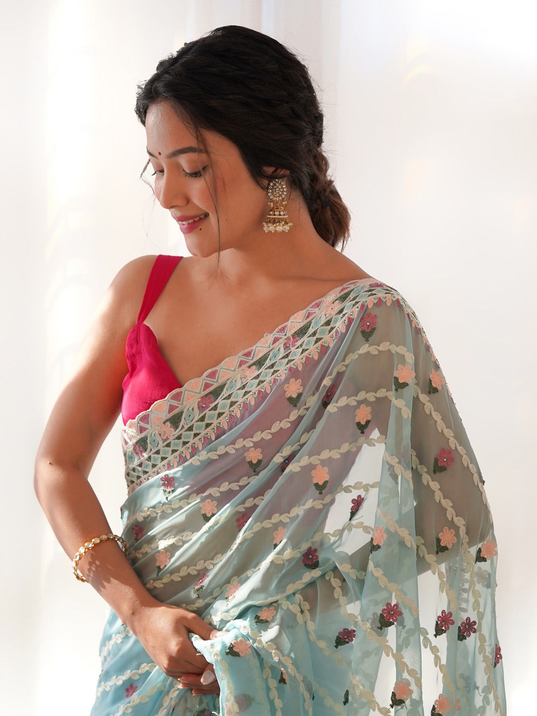 Sky Blue Embroidered Net Saree