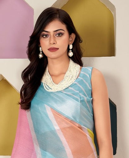 Sky Blue Printed Chiffon Leheriya Saree