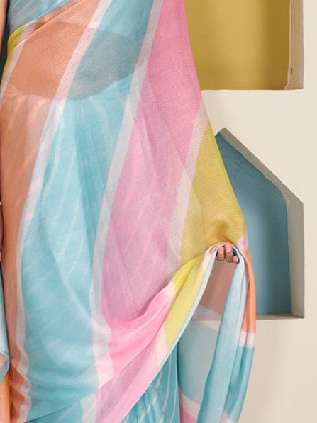 Sky Blue Printed Chiffon Leheriya Saree