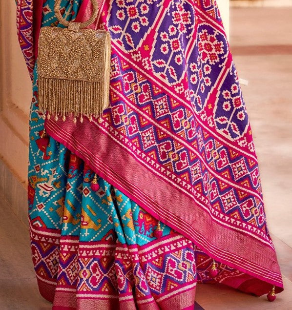 Sky Blue & Pink Woven Ikat patola Saree