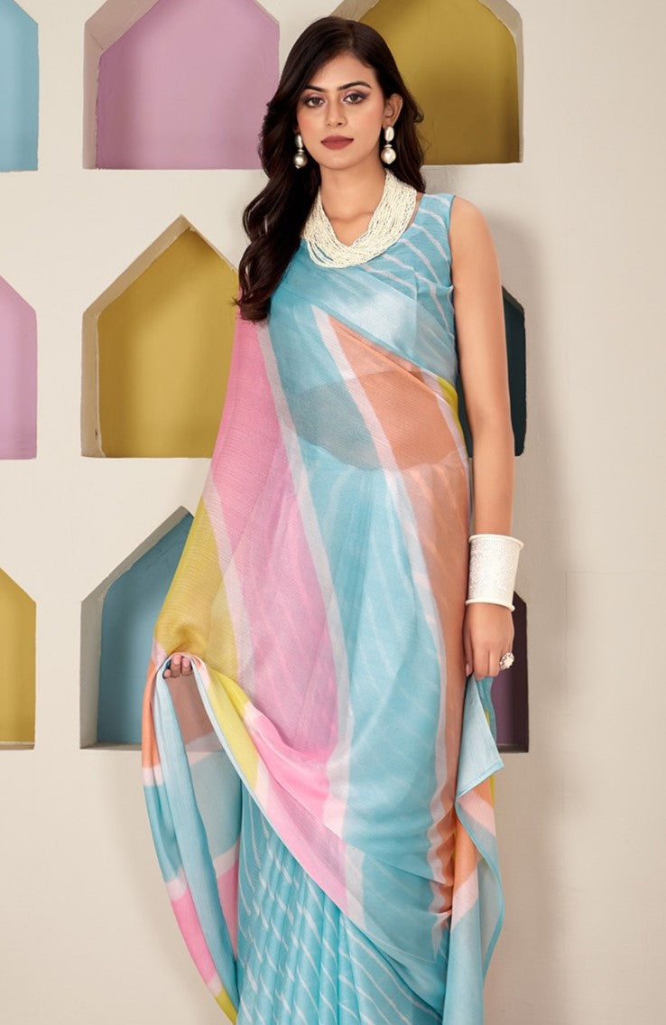 Sky Blue Printed Chiffon Leheriya Saree