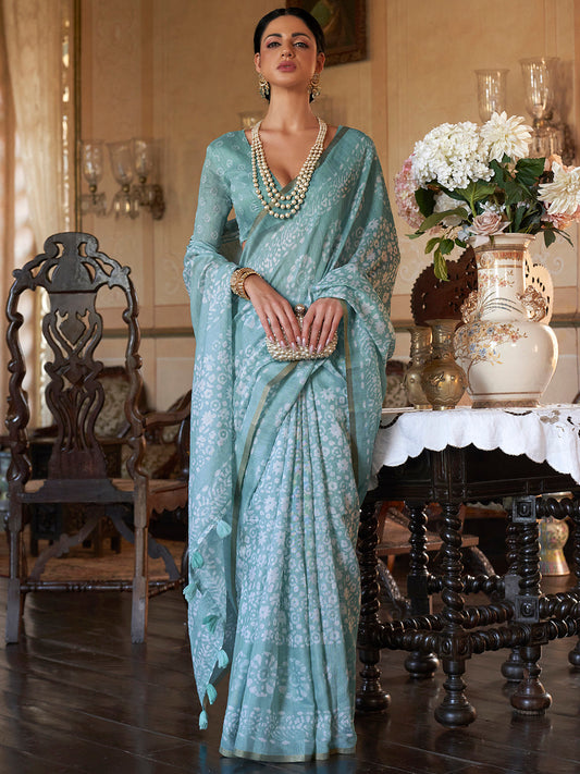Sky Blue Bagru Cotton Saree