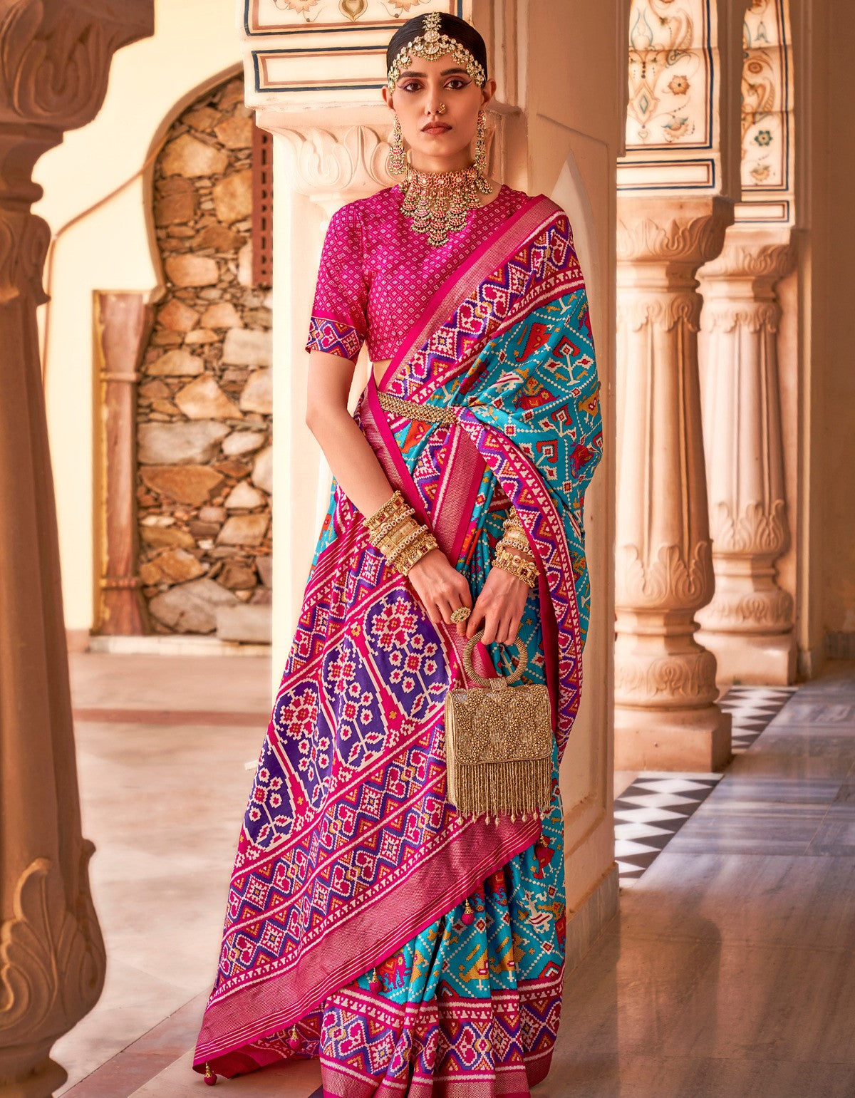 Sky Blue & Pink Woven Ikat patola Saree