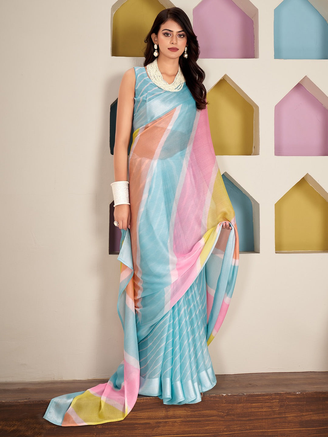 Sky Blue Printed Chiffon Leheriya Saree