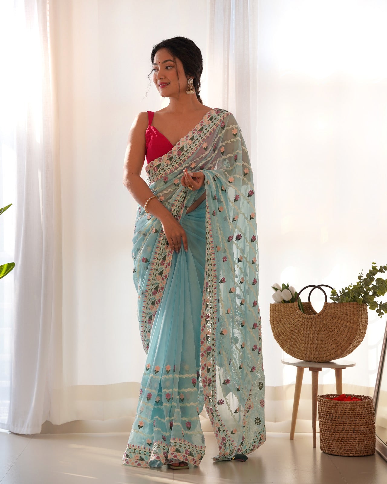 Sky Blue Embroidered Net Saree