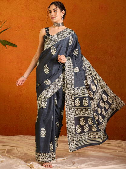 Slate Gray Printed Bagru Cotton Saree