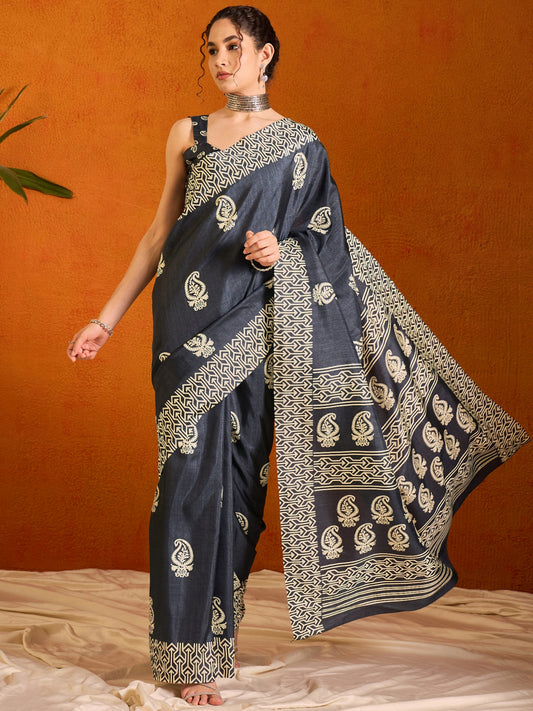 Slate Gray Printed Bagru Cotton Saree