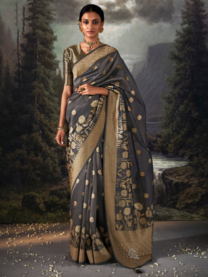 Smoke Grey Woven Tissue Silk Saree