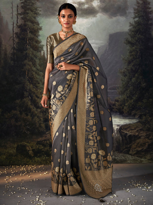 Smoke Grey Woven Tissue Silk Saree