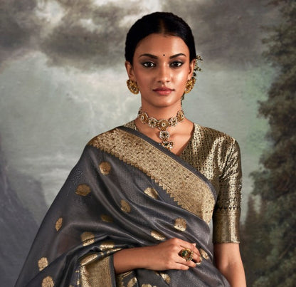 Smoke Grey Woven Tissue Silk Saree