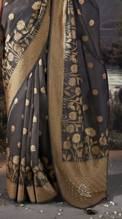 Smoke Grey Woven Tissue Silk Saree