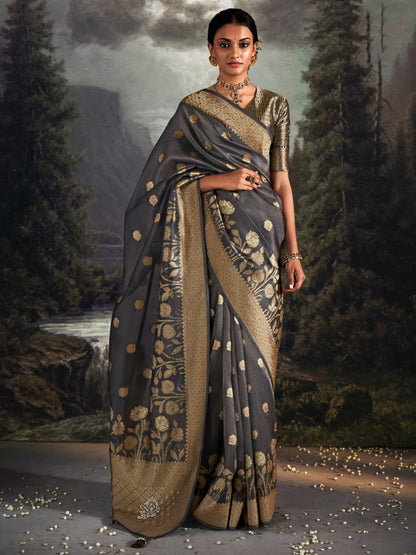 Smoke Grey Woven Tissue Silk Saree