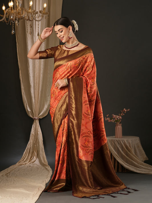 Squash Orange Woven Banarasi Silk Saree